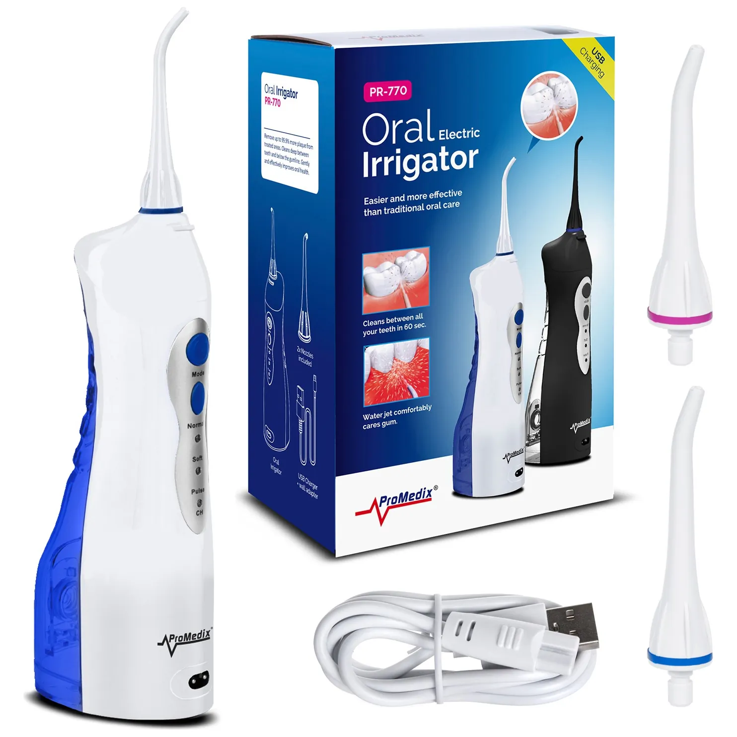 Irygator bezprzewodowy Promedix, dentystyczny, stomatologiczny do zębów, zapasowe końcówki, kolor biały, PR-770 W