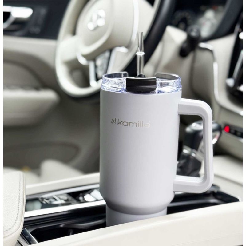 STALOWY KUBEK TERMICZNY TERMOS 1200ml Z RĄCZKĄ I SŁOMKĄ KM-2173 - obrazek 3