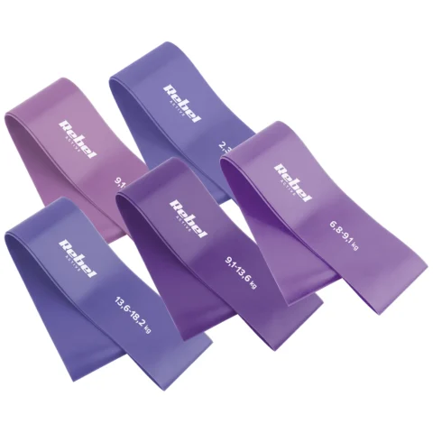Zestaw gum do ćwiczeń lateksowy - Mini Band L, 2.3-18.2 kg, 5 gum, fioletowy, REBEL ACTIVE