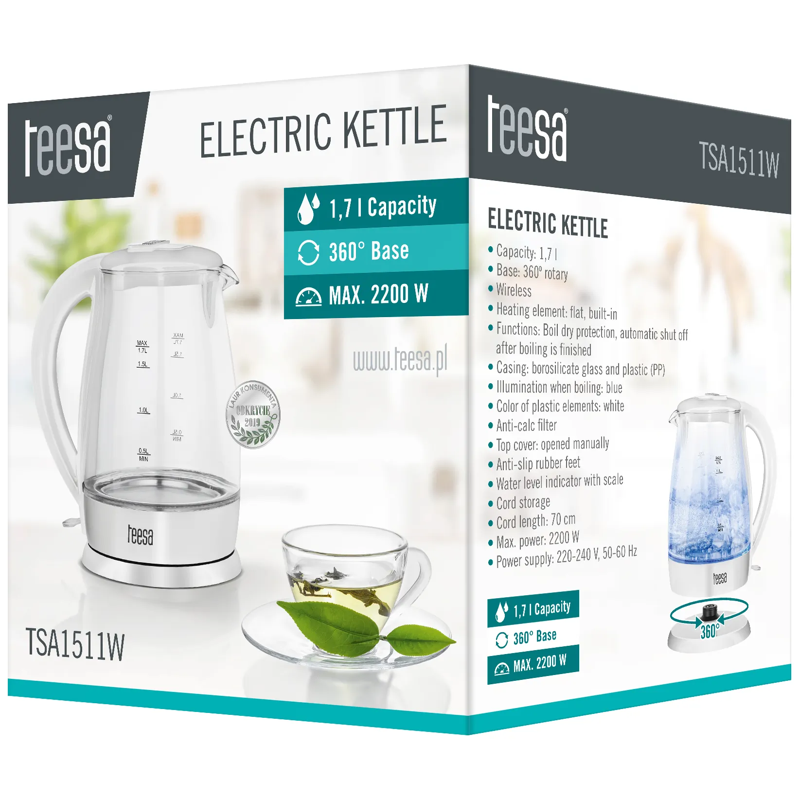 Czajnik elektryczny TEESA, szklany, 2200 W, biały, 1,7 L - obrazek 6