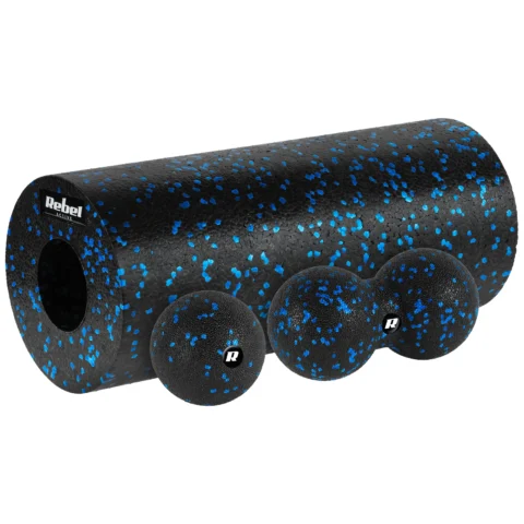 Zestaw wałek do masażu, roller, piłka, duoball , 3 elementy, kolor czarno-niebieski, materiał EPP, REBEL ACTIVE
