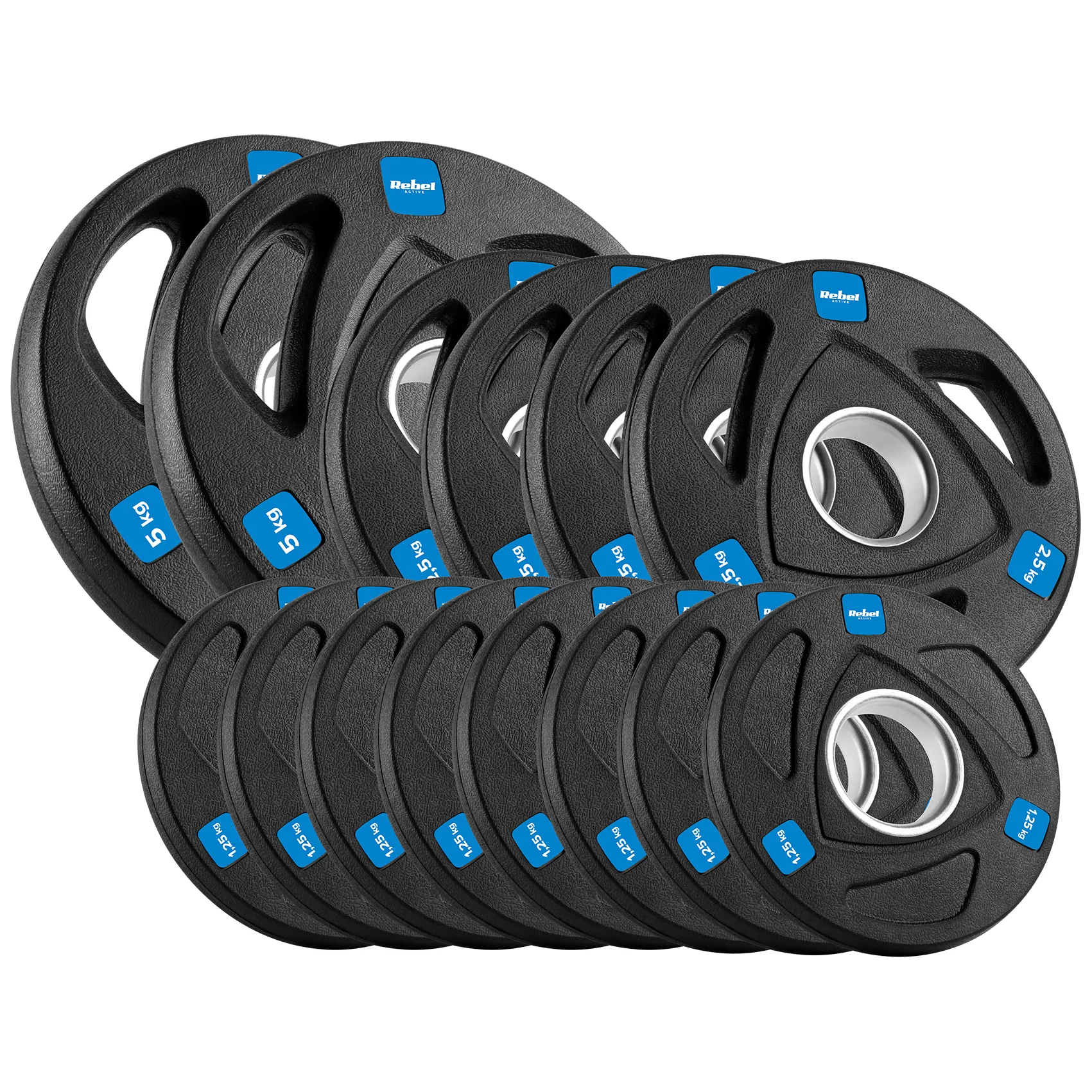 Obciążenie żeliwne olimpijskie gumowane zestaw 30kg ( 8x1.25kg + 4x2.5kg + 2x5kg ), otwór 51mm , REBEL ACTIVE