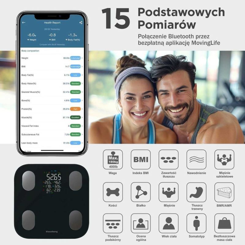 ANALITYCZNA WAGA ŁAZIENKOWA SMART IOS ANDROID KLAUSBERG KB-7854 - obrazek 2