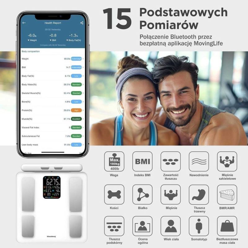 ANALITYCZNA WAGA ŁAZIENKOWA SMART IOS ANDROID KLAUSBERG KB-7857 - obrazek 3
