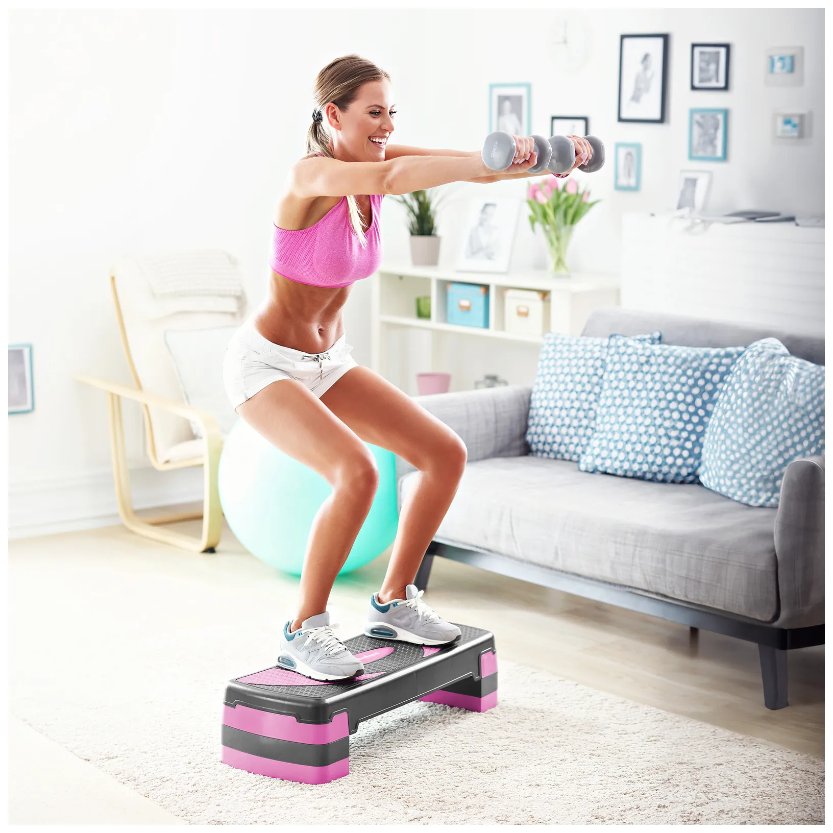 Step do aerobiku i ćwiczeń fitness, 3 stopnie, 78cm, szaro-fioletowy, REBEL ACTIVE - obrazek 8