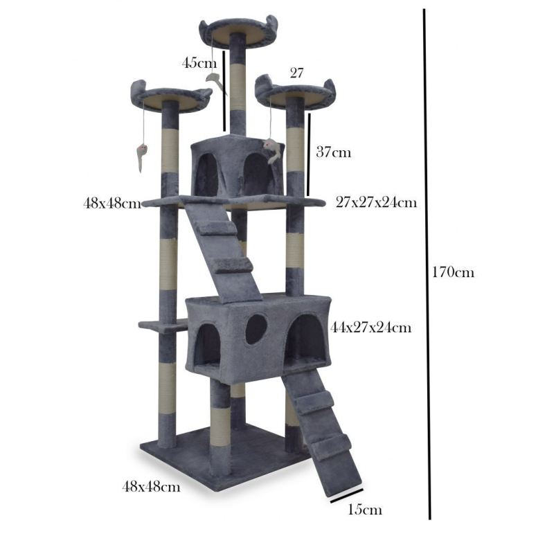 drapak dla kota 170 cm jasno szary domek legowisko sizal zabawki stabilny - obrazek 2