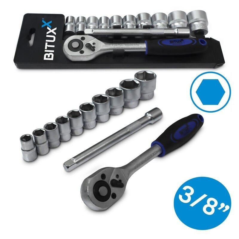 Grzechotka 3/8" + przedłużka 150mm + 10 nasadek sześciokątnych - obrazek 2