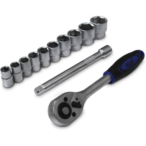 Grzechotka 3/8" + przedłużka 150mm + 10 nasadek sześciokątnych